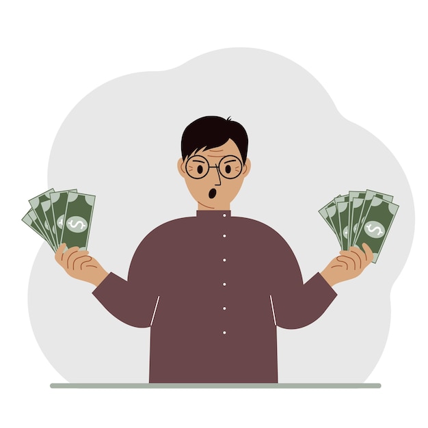 A man with banknotes in both hands The concept of wealth Vector flat illustration