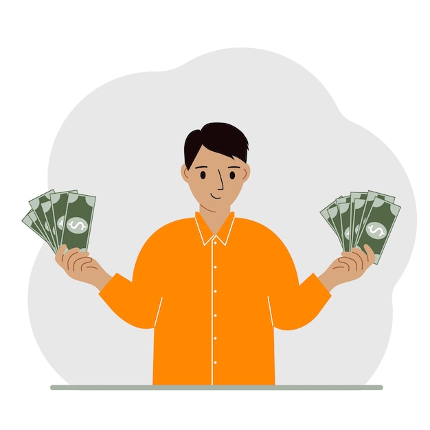 A man with banknotes in both hands The concept of wealth Vector flat illustration