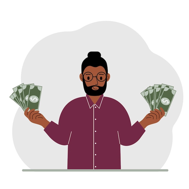 A man with banknotes in both hands The concept of wealth Vector flat illustration