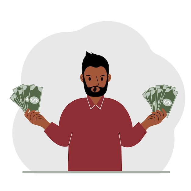 A man with banknotes in both hands The concept of wealth Vector