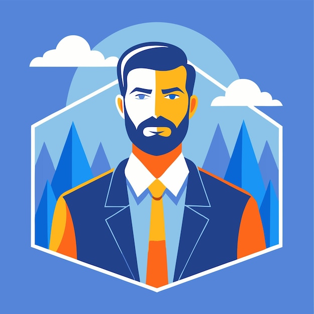 a man with a beard and a blue background with mountains and clouds