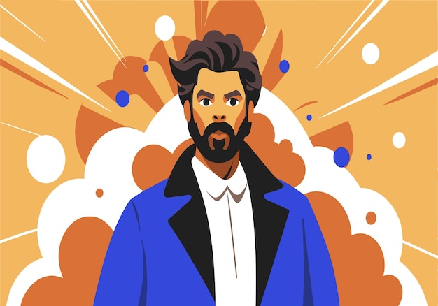 A man with a beard and a blue jacket stands in front of a cloud of smoke