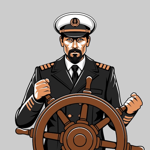 Man with a beard in a captains uniform at the helm of the ship