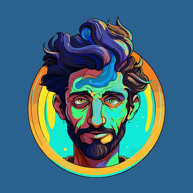 A man with a beard and colorful hair a character portrait digital art cartoonish vector djinn human hybrid