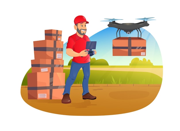 Man with beard controls drone delivery with wireless remote