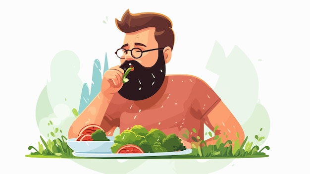 Vector a man with a beard eats a plate of food