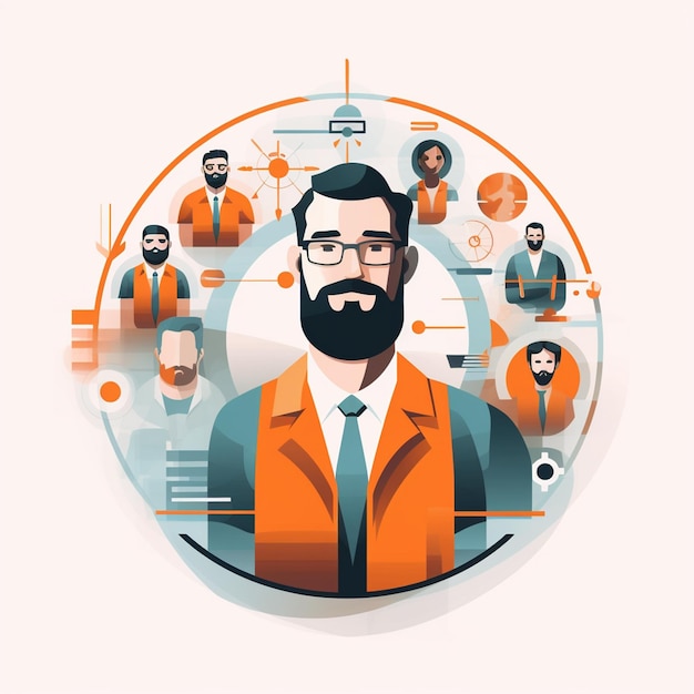 a man with a beard and glasses is surrounded by a circle of people