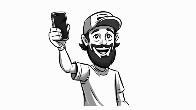 Vector a man with a beard and a hat holding a cell phone