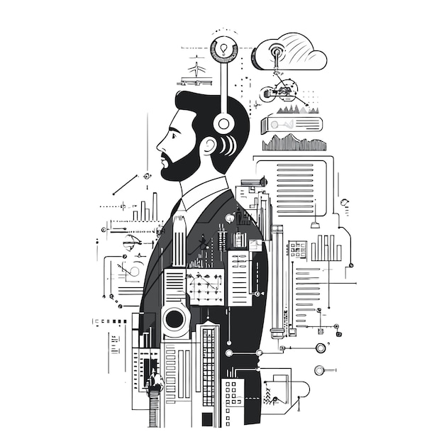 Vector a man with a beard and headphones is standing in front of a large drawing of a man with a microphone