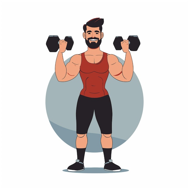 Vector a man with a beard holds dumbbells in front of a gray background