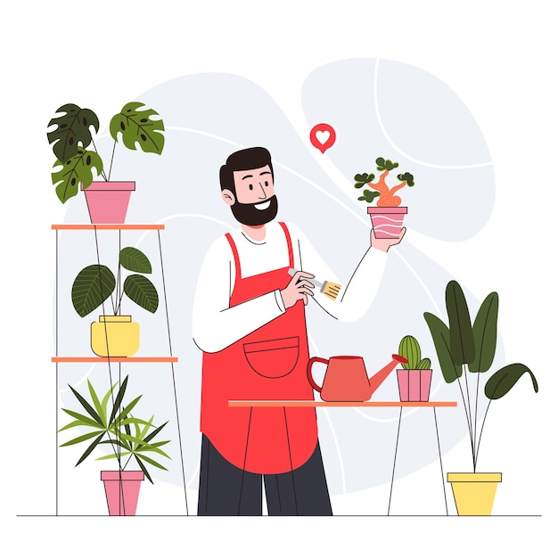 a man with a beard is working on a plant