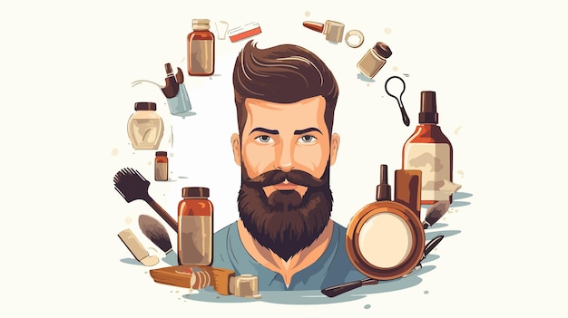 Vector a man with a beard and mustache is surrounded by various cosmetics