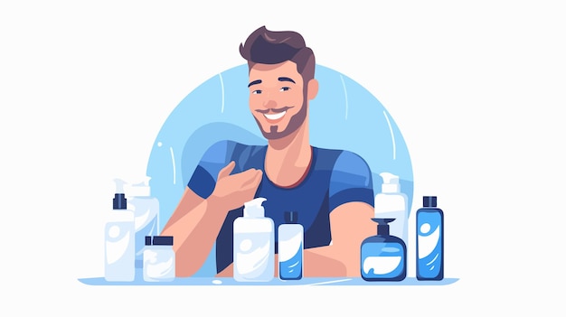 Vector a man with a beard sits in front of a bathroom sink with bottles of shampoo and lotion