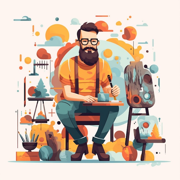 Vector a man with a beard sits in front of a colorful art background