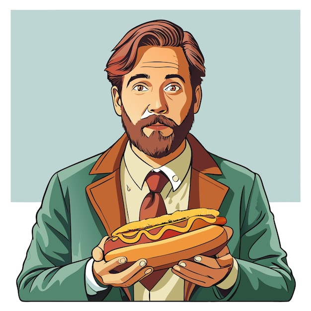 A man with a beard and a tie holds a hot dog in front of him looking at the camera with a surprised expression