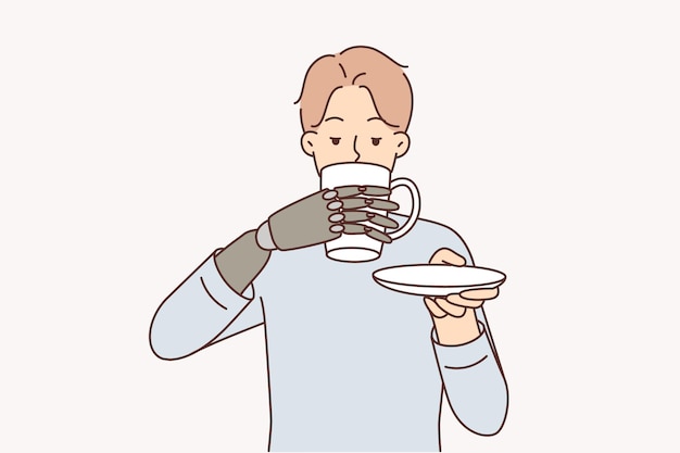 Man with bionic prosthetic arm drinks coffee feeling like complete person thanks to innovations in medicine Guy uses hightech prosthetic hand and enjoys life holding mug of hot tea