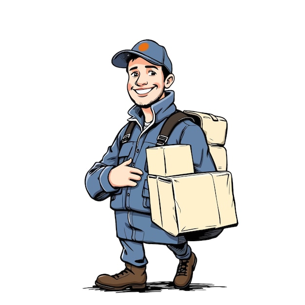 Vector a man with a blue hat and a blue hat carrying a box of boxes