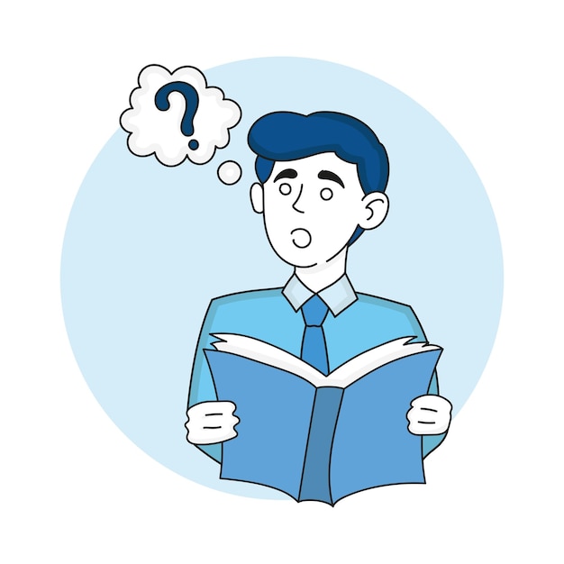 Man with book and question mark in speech bubble Have a question research reading knowledge education ask literature analyze information Vector illustration in blue colors on white background