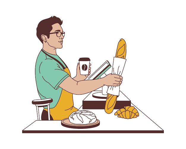 man with bread and coffee in table avatar character vector illustration desing