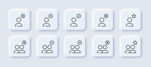 Man with buttons set icon Plus minus star sociaty tick cross pointer Add delete favorites settings time protection Neomorphism style Vector line icon for Advertising