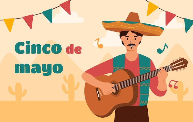 Man with Cinco de mayo concept Young guy in sombrero and traditional mexican clothes with guitar Holiday and festival Musician near colorful flags Cartoon flat vector illustration