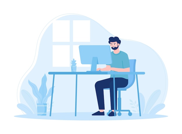 Vector man with computer is working in the study concept flat illustration