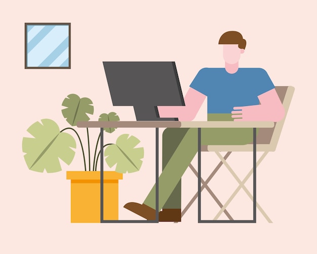 Man with computer working at desk from home design of telecommuting theme Vector illustration