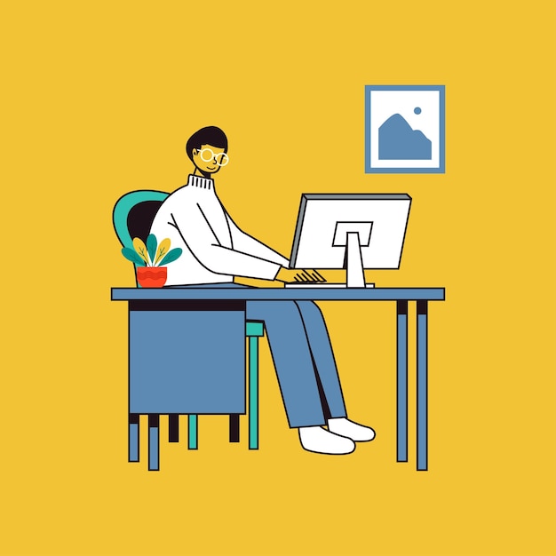 Man with computer working at home flat design vector illustration