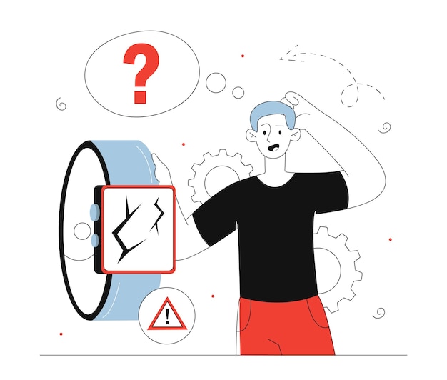 Vector man with defective product concept young guy near wristband and wristwatch gadget and device customer with broken smartwatch graphic element for website linear flat vector illustration