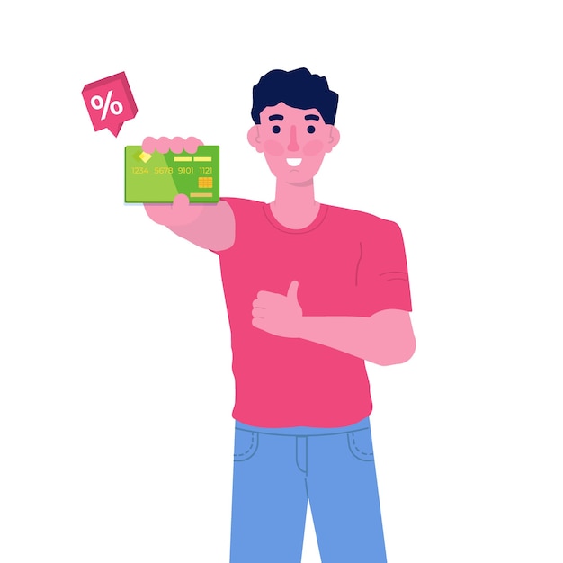 Man with Discount card in hand in flat design