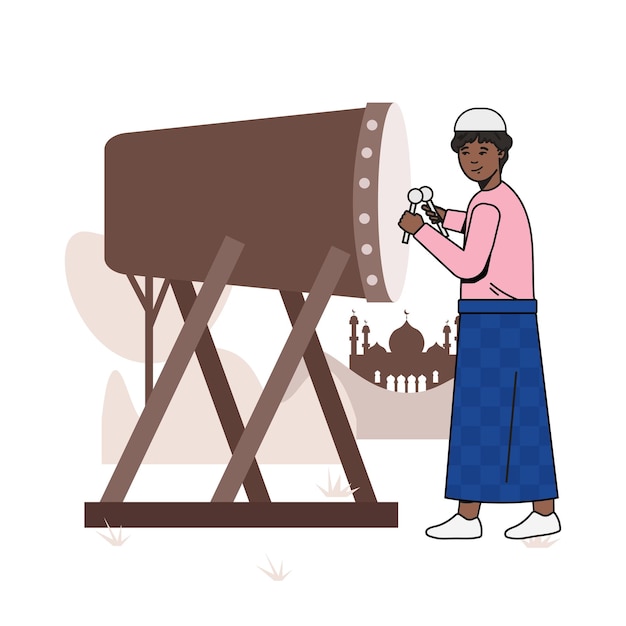 Man with drum on eid adha mosque in flat illustration