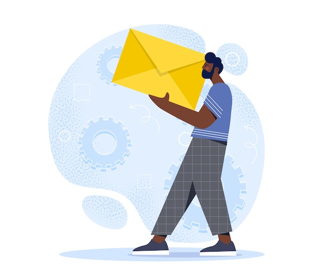 Vector man with email young guy with large envelope in hands electronic mail and internet messaging postal