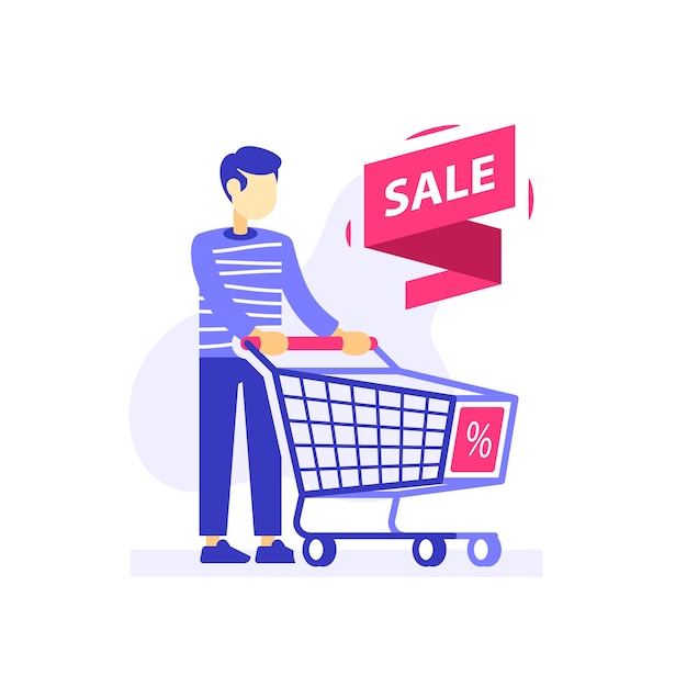 Man with empty shopping cart, special offer, sale or discount store, consumer person, flat illustration