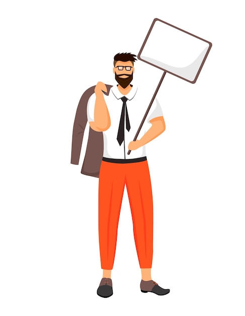 Man with empty slogan board semi flat color vector character