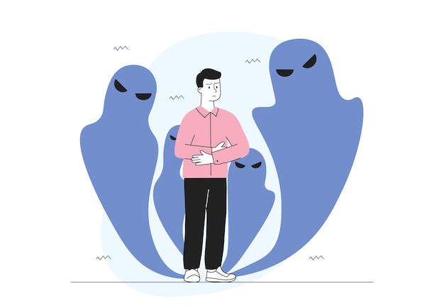 Vector man with fear young guy with shadows emotional stress and frustration depression mental and psychological problems paranoia and schizophrenia linear vector illustration