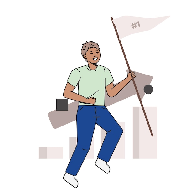 A man with a flag in his hand is running with a stick in his hand.