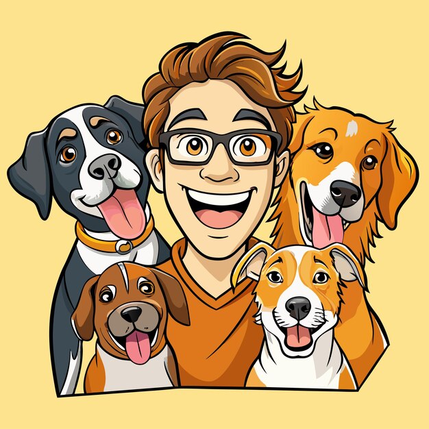 Vector a man with glasses and a bunch of dogs in a picture with one of them has a man with a dog and the