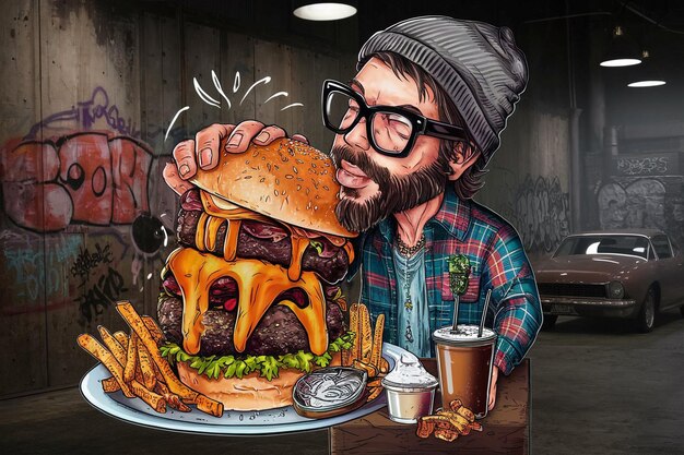 Vector a man with glasses and a large sandwich on his face