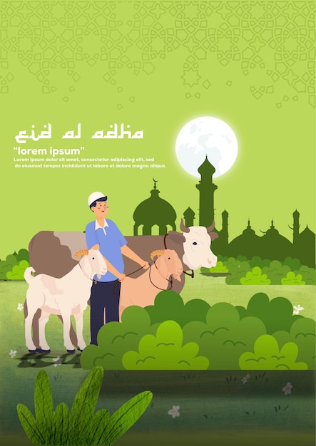 a man with a goat and a cow on the green background