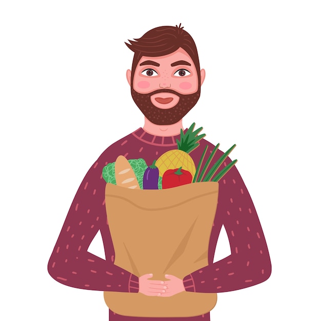 Man with grocery bag Illustration for printing backgrounds covers packaging greeting cards posters stickers textile and seasonal design Isolated on white background