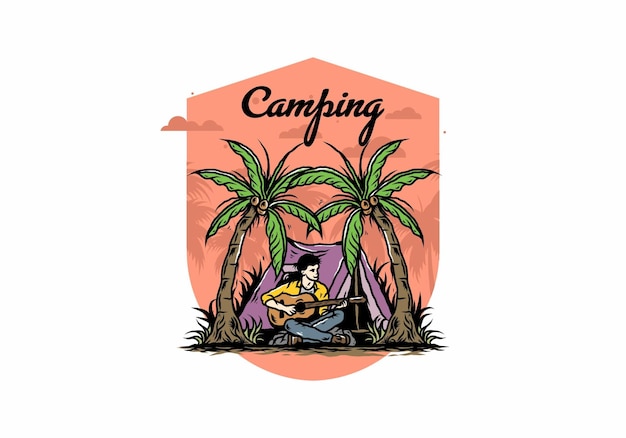 Man with guitar in front of tent between coconut tree illustration