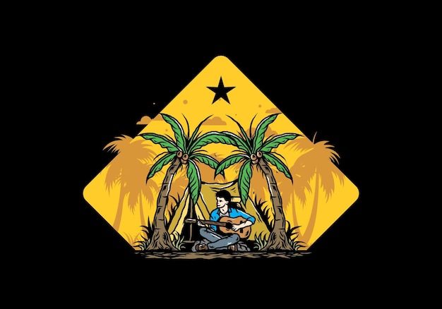 Man with guitar in front of tent between coconut tree illustration