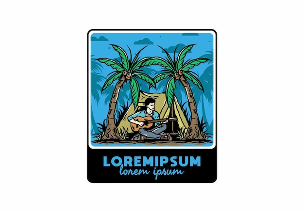 Man with guitar in front of tent between coconut tree illustration