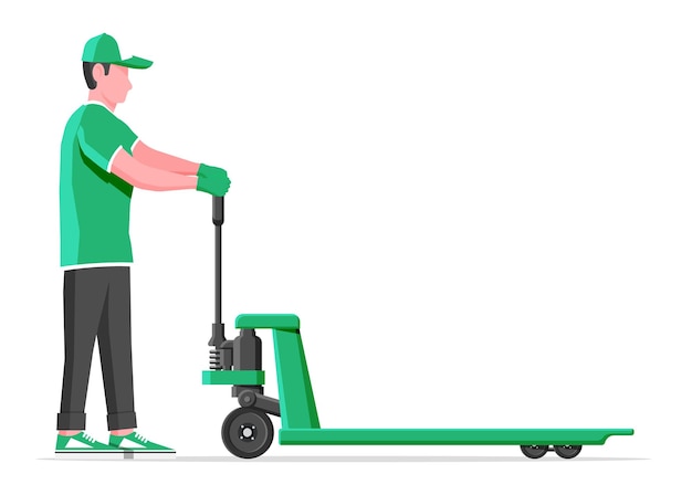 Man with hand pallet jack lift isolated on white. Empty hand pallet truck and male mover. Worker in uniform with cargo cart. Delivery, logistic and shipping cargo. Flat vector illustration