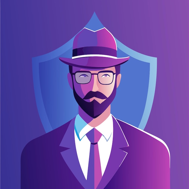 Vector a man with a hat and a hat is standing in front of a purple background