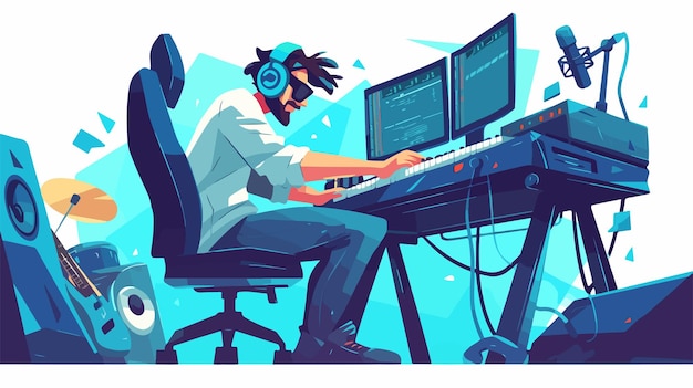 Vector a man with headphones on and a computer keyboard