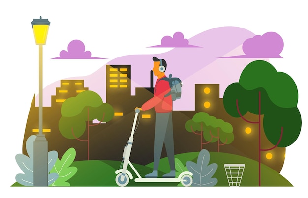 Man with Headphones Riding A Scooter at Night in A City Park Illustration Design