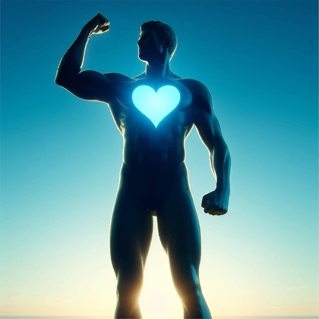 a man with a heart on his chest stands in front of a body of water