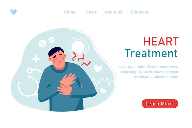 Man with heart pain, attack touching chest. Heart treatment, health care and disease diagnostic concept. Vector flat illustration. Design for banner, landing page, web background, flyer