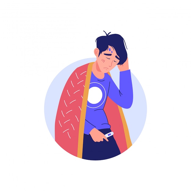 Man with a high temperature, fever. Epidemic disease character concept. Sick man with Coronavirus disease symptom - fever. Man with a cold sign, respiratory viral infection icon.